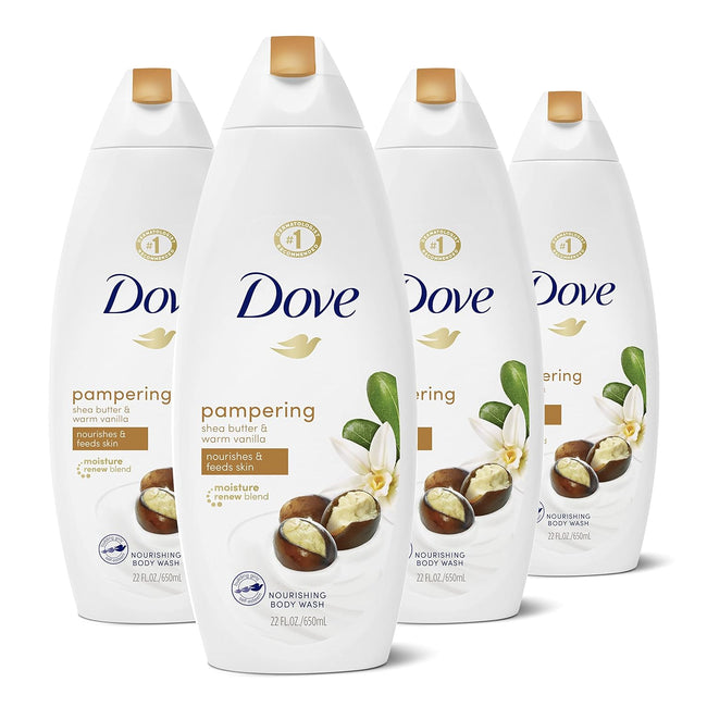 Dove Purely Pampering Body Wash for Dry Skin Shea Butter with Warm Vanilla Effectively Washes Away Bacteria While Nourishing Your Skin, 24 Fl Oz (Pack of 4)
