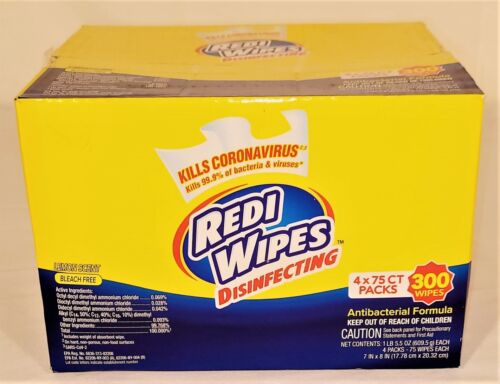REDI Wipes DISINFECTING I Lemon Scent I Bleach Free I ANITBACTERIAL Formula I 4 X 75CT Packs (300 Wipes) I Made in The USA