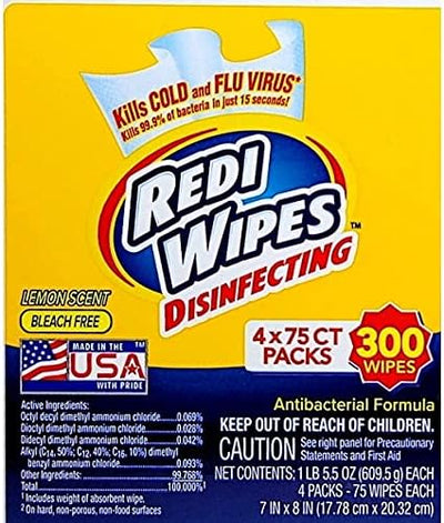 REDI Wipes DISINFECTING I Lemon Scent I Bleach Free I ANITBACTERIAL Formula I 4 X 75CT Packs (300 Wipes) I Made in The USA